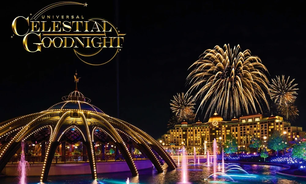 Conheça o Universal Celestial Goodnight, novo espetáculo noturno do Epic Universe com fontes, luzes, música e fogos de artifício. Universal Celestial Goodnight: novo show do Epic Universe