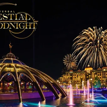 Conheça o Universal Celestial Goodnight, novo espetáculo noturno do Epic Universe com fontes, luzes, música e fogos de artifício. Universal Celestial Goodnight: novo show do Epic Universe