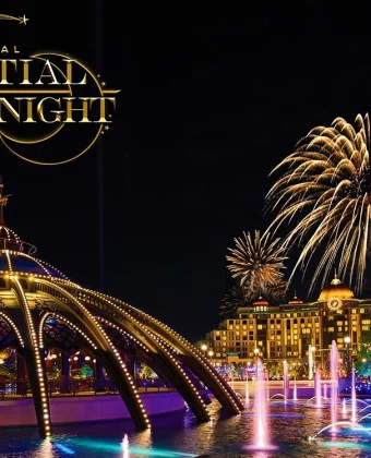Conheça o Universal Celestial Goodnight, novo espetáculo noturno do Epic Universe com fontes, luzes, música e fogos de artifício. Universal Celestial Goodnight: novo show do Epic Universe