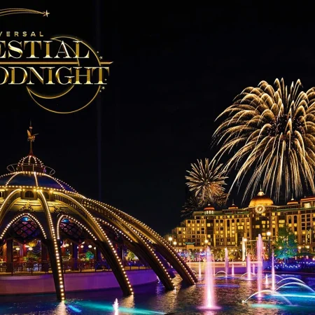 Conheça o Universal Celestial Goodnight, novo espetáculo noturno do Epic Universe com fontes, luzes, música e fogos de artifício. Universal Celestial Goodnight: novo show do Epic Universe