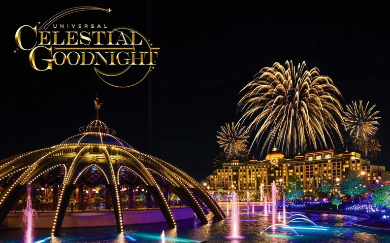Conheça o Universal Celestial Goodnight, novo espetáculo noturno do Epic Universe com fontes, luzes, música e fogos de artifício. Universal Celestial Goodnight: novo show do Epic Universe