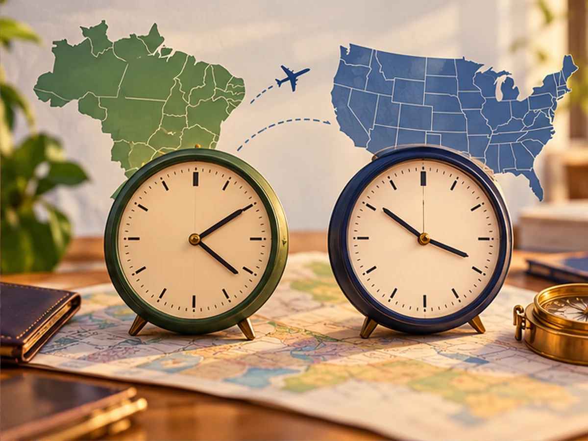 Ilustração de dois relógios sobre mapas do Brasil e dos Estados Unidos, representando a diferença de fuso horário
