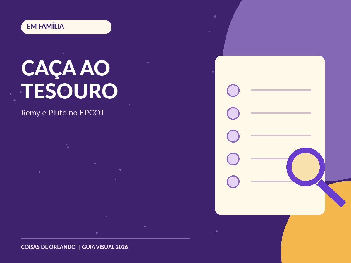 Mapa ilustrado e lupa representando as caças ao tesouro temáticas do EPCOT