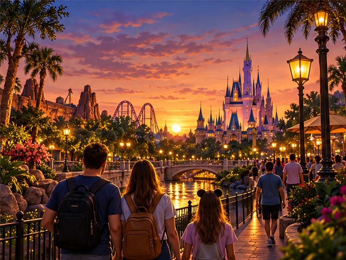Ilustração de família caminhando em parque temático com luzes acesas ao anoitecer em Orlando