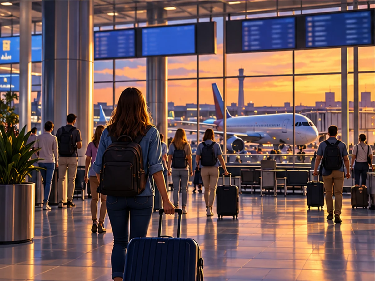 Ilustração de viajantes e painel de partidas dentro de aeroporto durante o pôr do sol